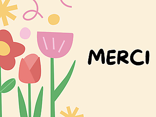 Carte de remerciement avec le mot 'MERCI' en noir et illustrations de fleurs colorées sur fond crème