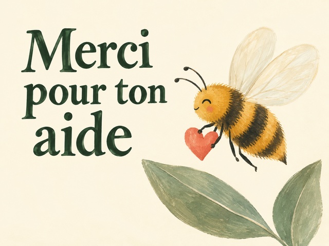 Merci pour ton aide avec une abeille portant un cœur corail sur fond crème