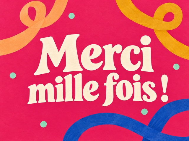 Merci mille fois en lettres crème avec des rubans colorés sur fond framboise
