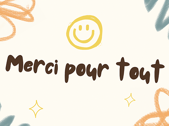 Carte de remerciement avec le texte 'Merci pour tout' et un smiley heureux sur un fond crème décoré de motifs floraux et d'étoiles