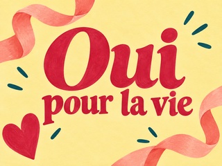 Oui pour la vie en grandes lettres framboise avec des rubans corail et un cœur sur fond jaune