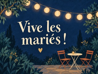 Vive les mariés dans un jardin de nuit éclairé par des lampions, avec deux chaises et une table