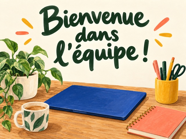 Bienvenue dans l’équipe avec un ordinateur, un carnet et des crayons sur un bureau
