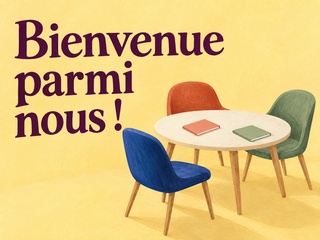 Bienvenue parmi nous avec une table ronde et trois chaises colorées sur fond jaune
