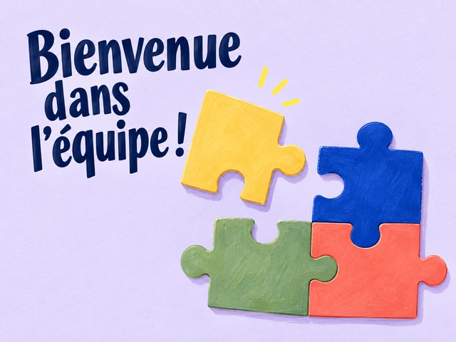 Bienvenue dans l’équipe avec des pièces de puzzle colorées sur fond lavande