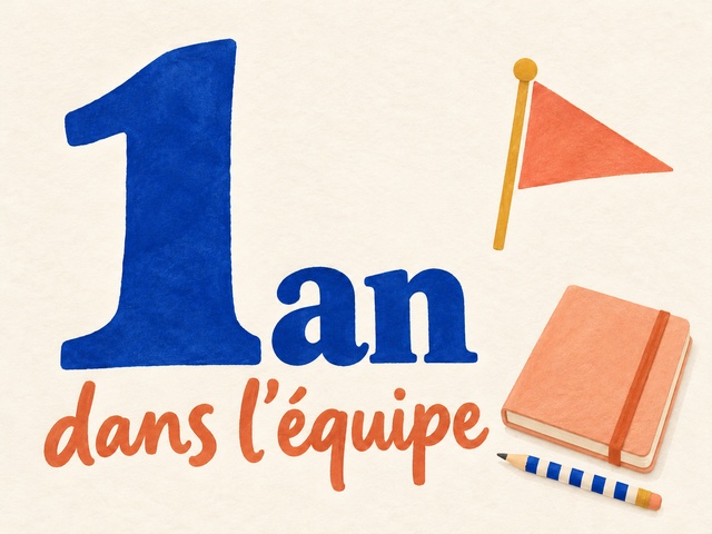 1 an dans l’équipe en grandes lettres bleues et corail avec un fanion, un carnet et un crayon sur fond crème