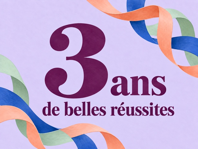 3 ans de belles réussites en lettres prune avec des rubans colorés sur fond lavande
