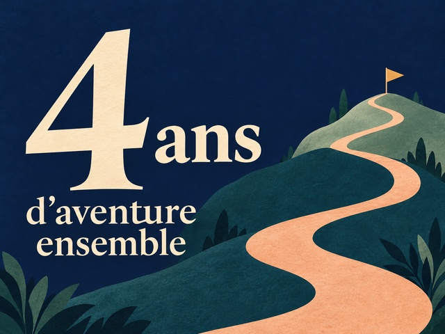 4 ans d’aventure ensemble en lettres crème avec un chemin à travers des collines sur fond bleu nuit