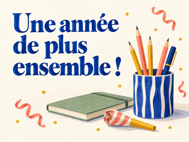 Une année de plus ensemble avec des crayons, un carnet et des décorations festives sur fond crème