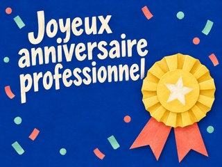 Joyeux anniversaire professionnel avec une cocarde jaune et des confettis sur fond bleu
