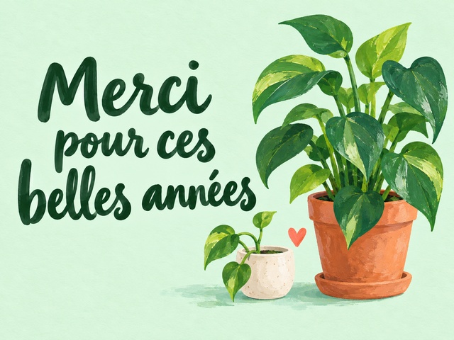 Merci pour ces belles années avec une plante et une jeune pousse sur fond menthe
