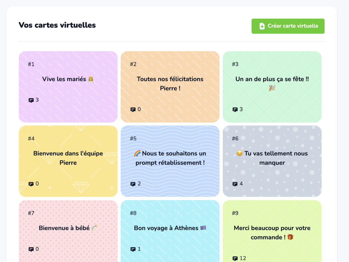 Capture d'écran cartes virtuelles utilisateur