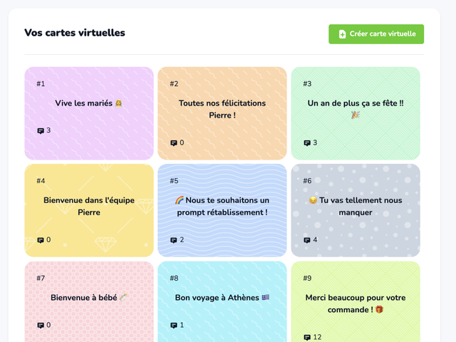 Capture d'écran cartes virtuelles utilisateur